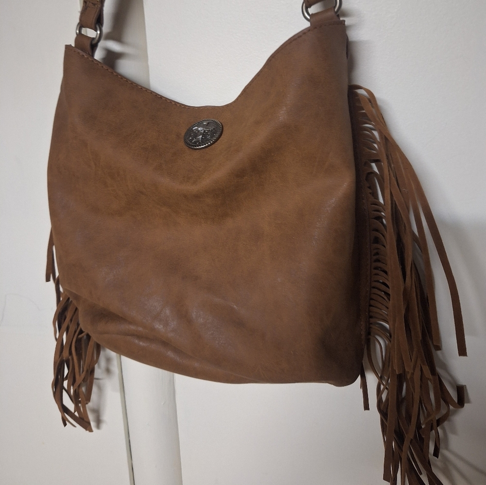 Elegant Tan Fringe Hobo Shoulder  Bag 14" X 10"